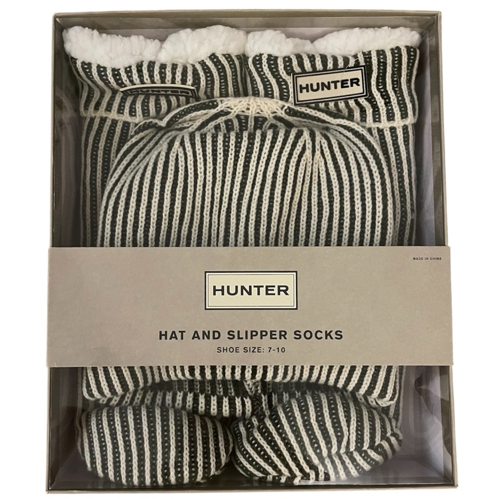 Hunter Striped Hat and Matching Slipper Socks - 2 in 1 Gift Set